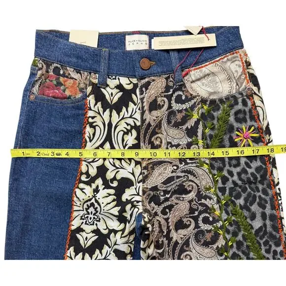 ALICE + OLIVIA Weezy Patchwork Mixed Media Jeans - Picture 8 of 11